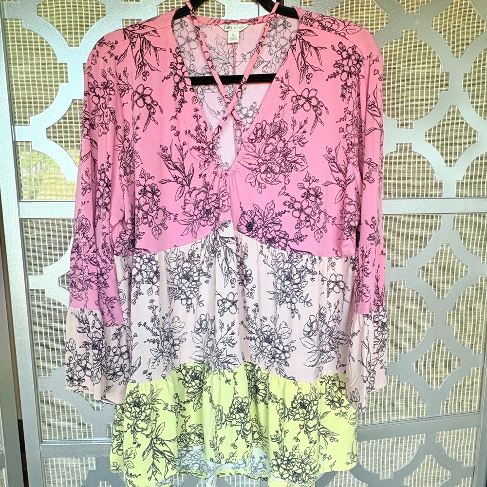 Cato Pink and White Tunic with Tie Front and Mandarin Collar